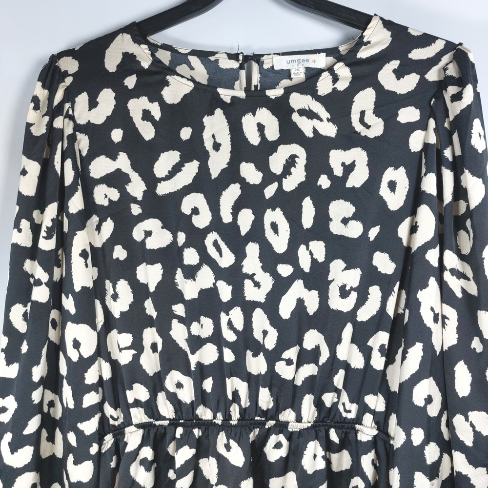Umgee USA Leopard Print Dress Size 2XL Black Tan Smocked Cuff Long Sleeve - Picture 4 of 8